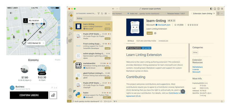 The image portrays a screenshot of Uber's search results screen when a user searches for a ride and a screenshot of VS Code's search results screen when a user searches for a plugin