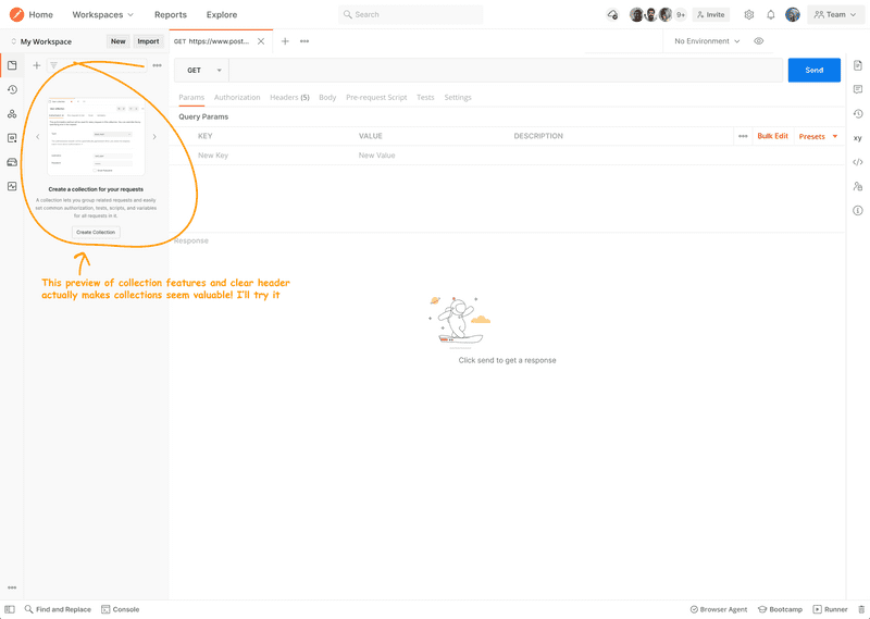 A Postman workspace showing a new version of the same empty state that includes a preview of collection features